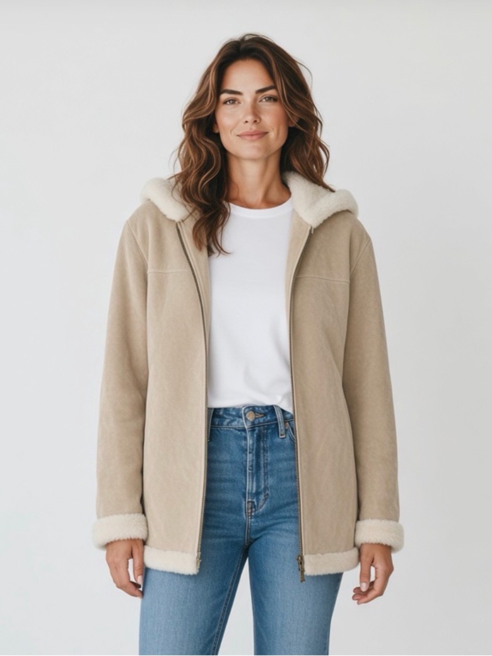Beige suede leather coat with fur lining, womans size large jacket
